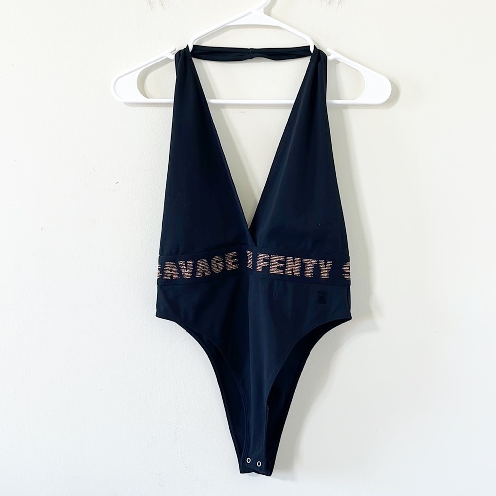 Savage X Fenty Rose Gold Logo Halter Plunge Bodysuit Black Caviar Size M - Picture 2 of 11